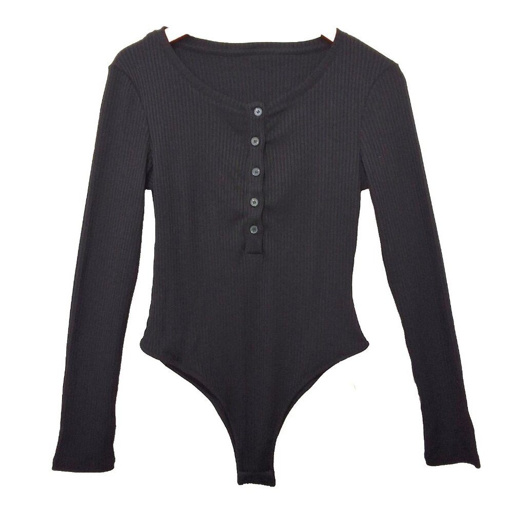 Commence Womens Black Ribbed Scoop Neck Henley Bodysuit Sz L Closet Staple‎
